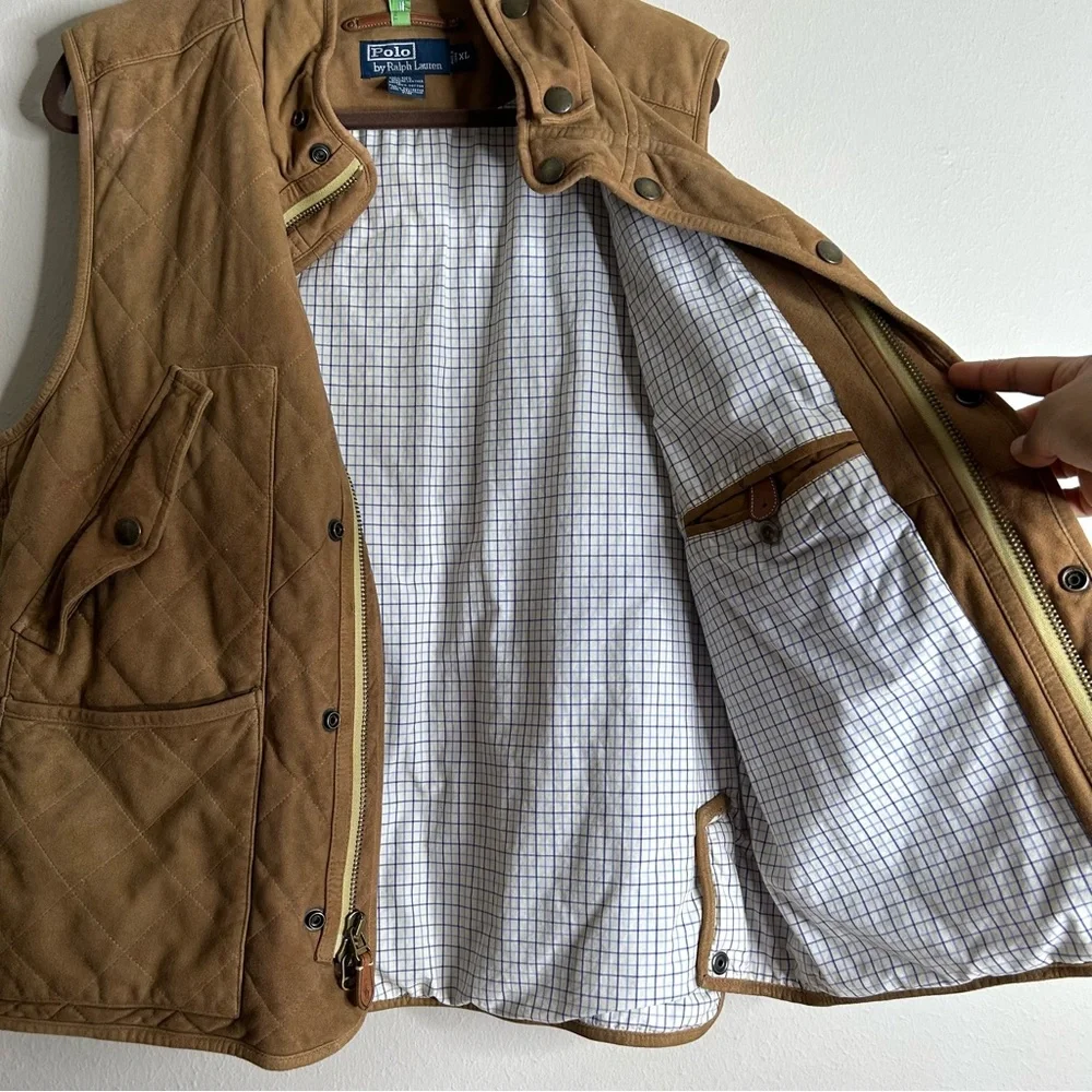 Polo Ralph Lauren Racquet Club Multi Pocket‎ Leather Vest Lined Quilted Tan XL